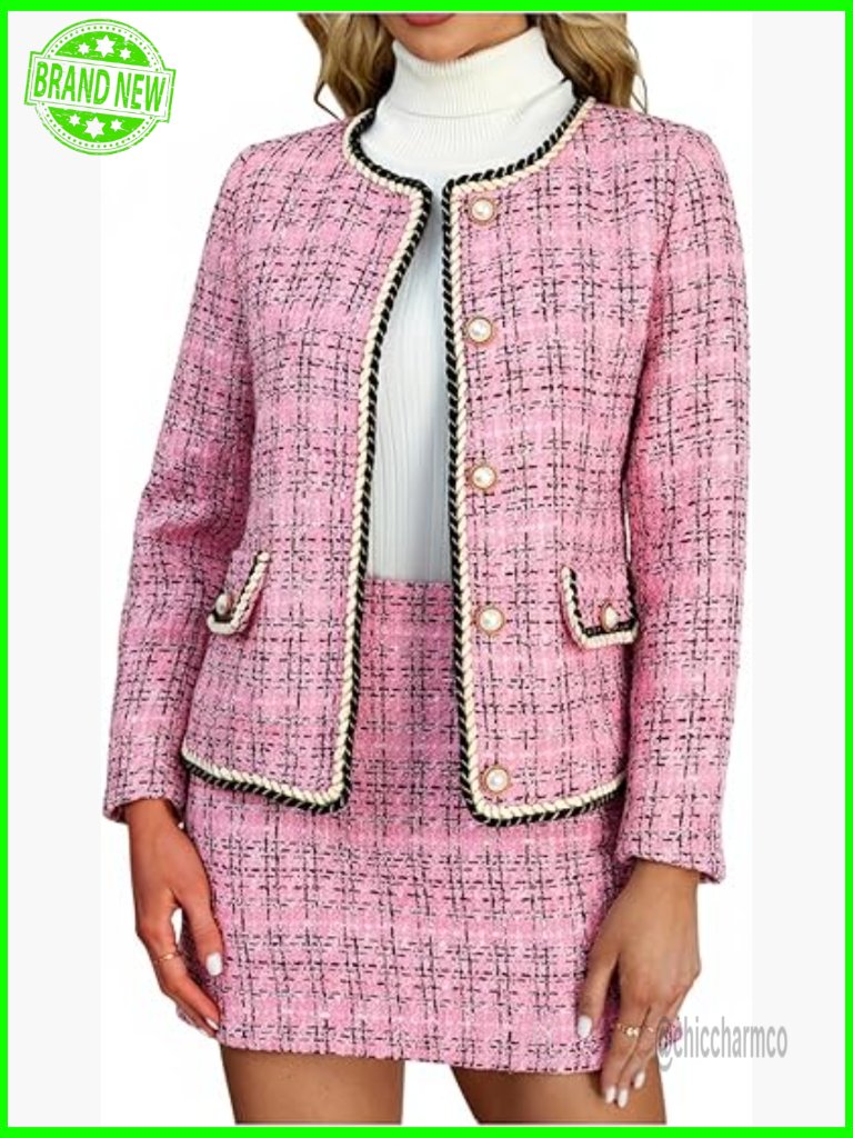 Plaid Tweed Jacket & Mini Skirt Two Piece Elegant Office Set